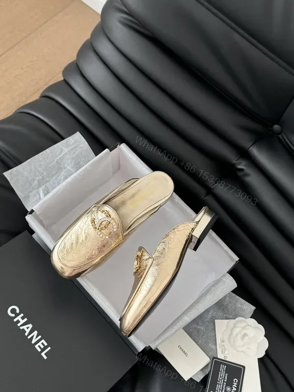 View 7 of Golden Icon Slippers: Luxe Gold Mules with Embossed Texture