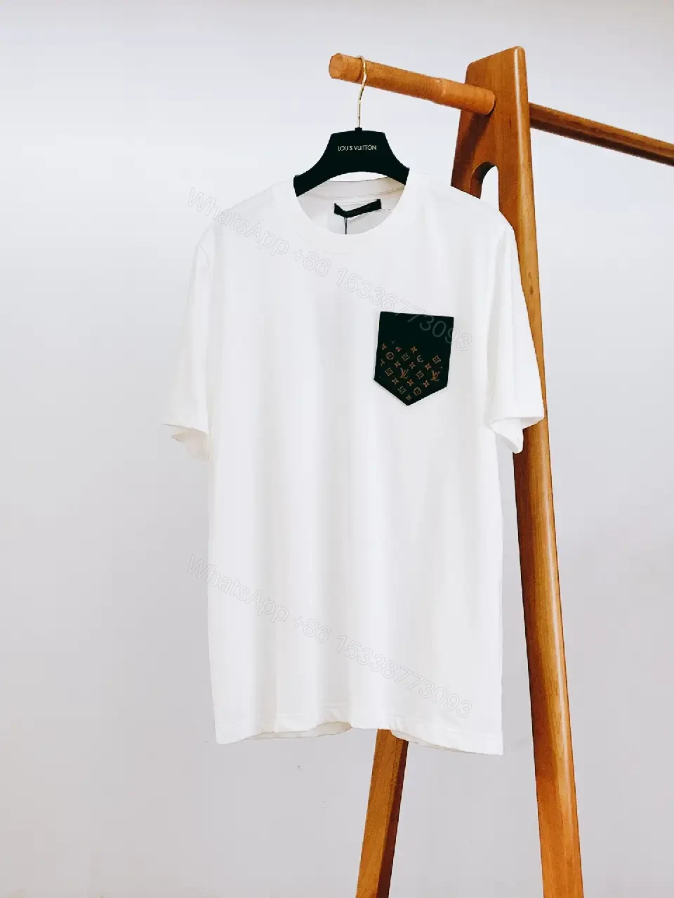 View 10 of Beige Cotton Tee with LV Monogram Pocket, Crew Neck