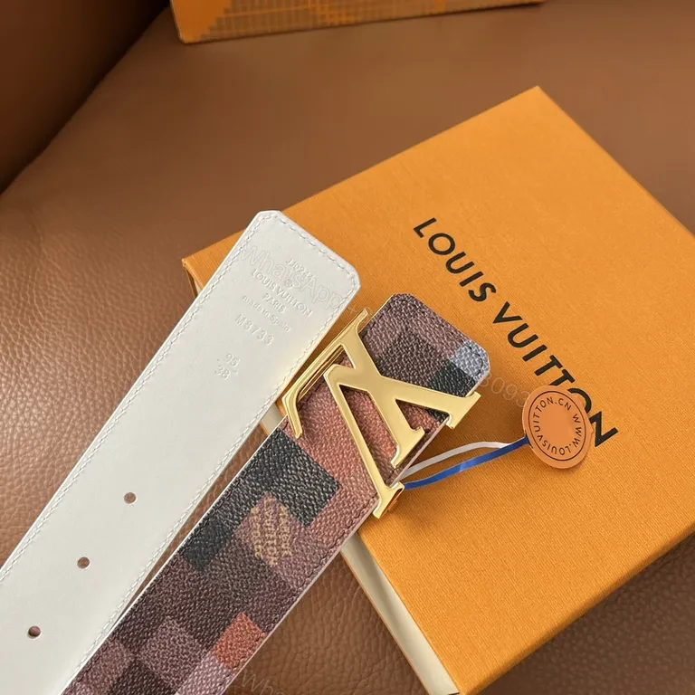View 6 of Statement Pattern Leather Belt with LV Buckle - Luxury Brown/Black Belt