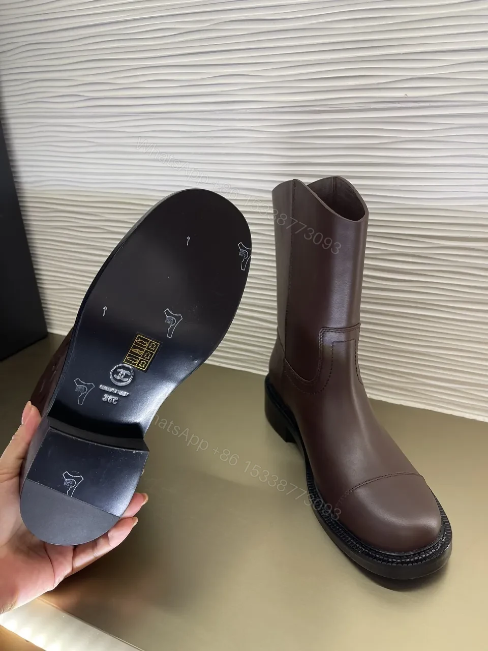 View 5 of Brown Leather Knee-High Boots with Subtle Couture Embellishment