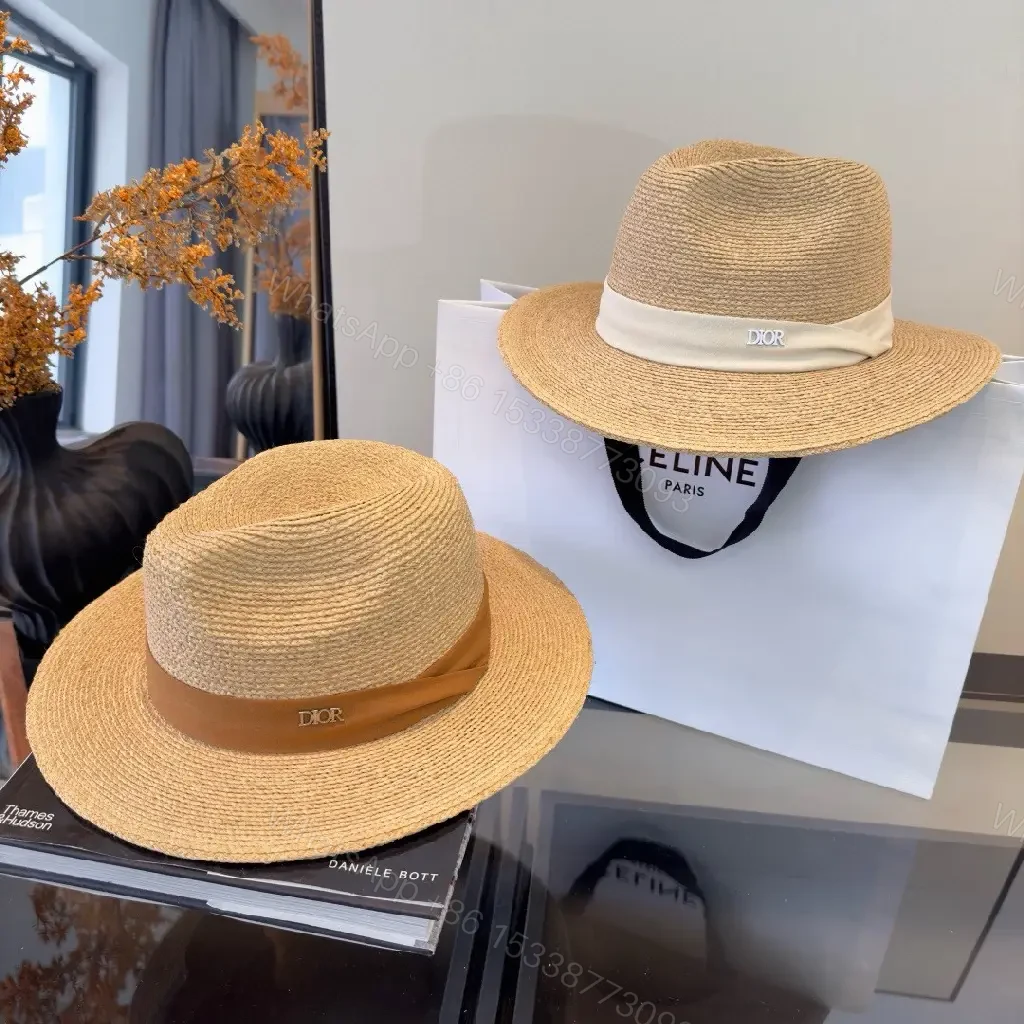View 5 of Beige Straw Wide-Brim Hat Satin-Band Dior-Logo Crown