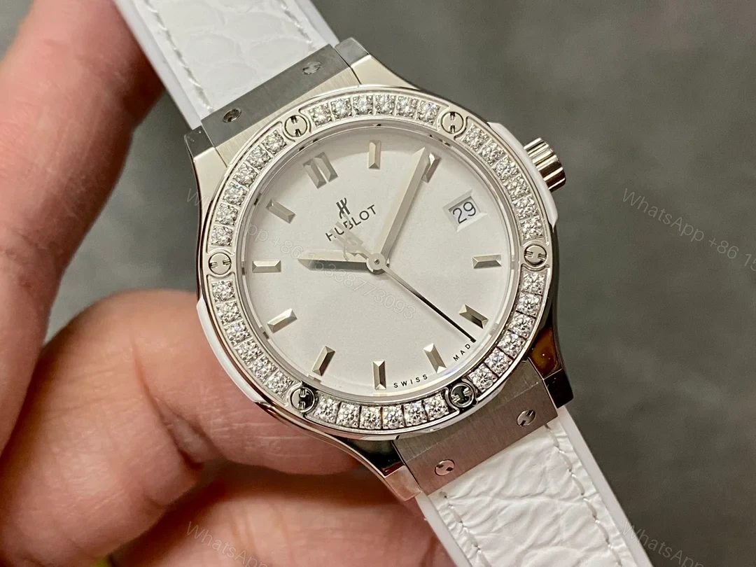 View 2 of Hublot Classic Fusion Ladies Replica 33MM Premium Diamond Bezel White Leather Strap Edition RG-HUBLOT-FUSION-LADIES-33