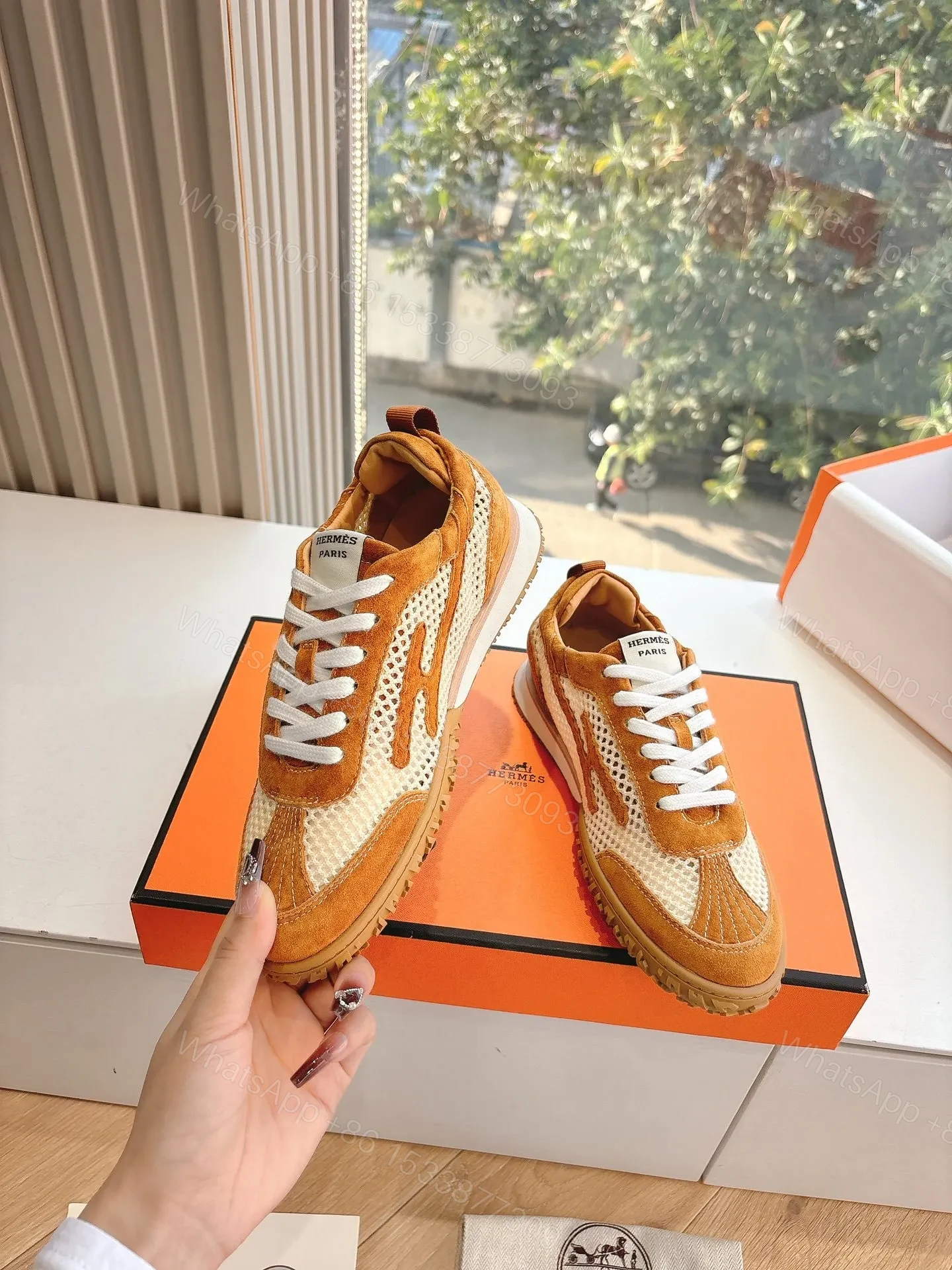 View 6 of Hermes Women Brown Mesh Suede Sneakers