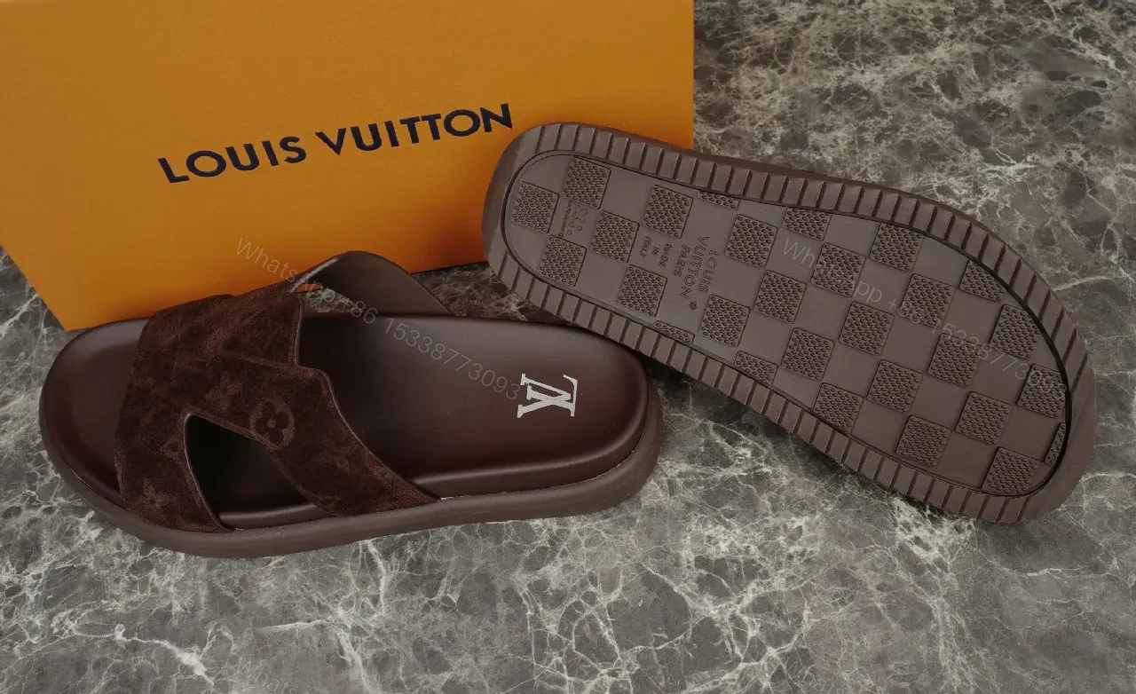 View 4 of Brown Monogram Sandals | Suede Straps | Casual Luxury Slides
