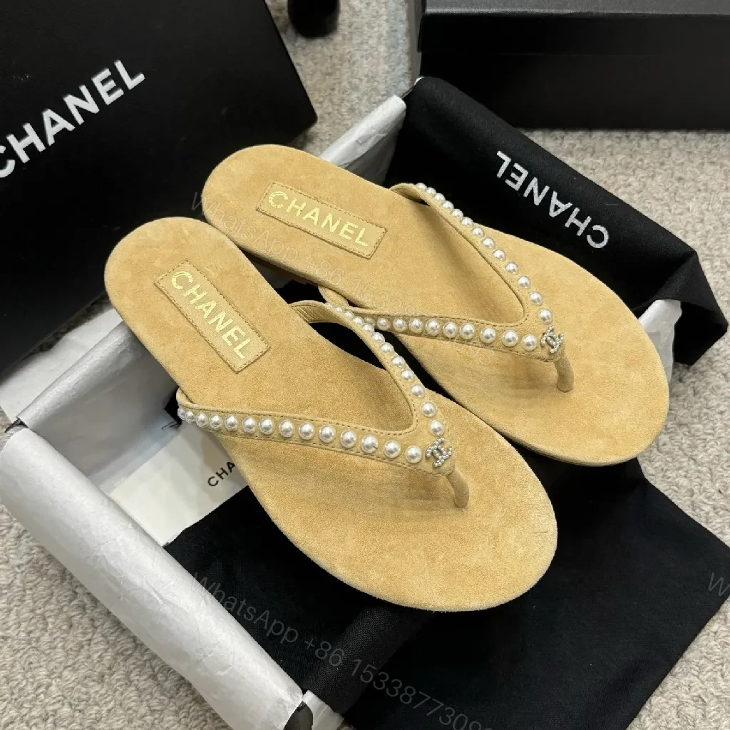 Pearl-Trim Sandals: Suede Footbed, Beaded Straps, Beige Leather — view 1