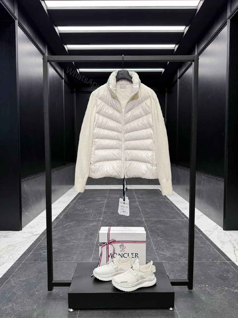 View 10 of Lightweight Off-White Puffer Jacket with Knit Sleeves Fusion