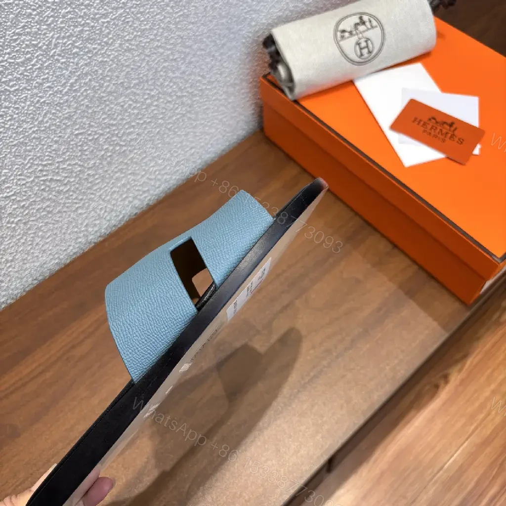 View 5 of Blue Leather Slide Hermès-Inspired Modern Slip-On Comfort Sandals