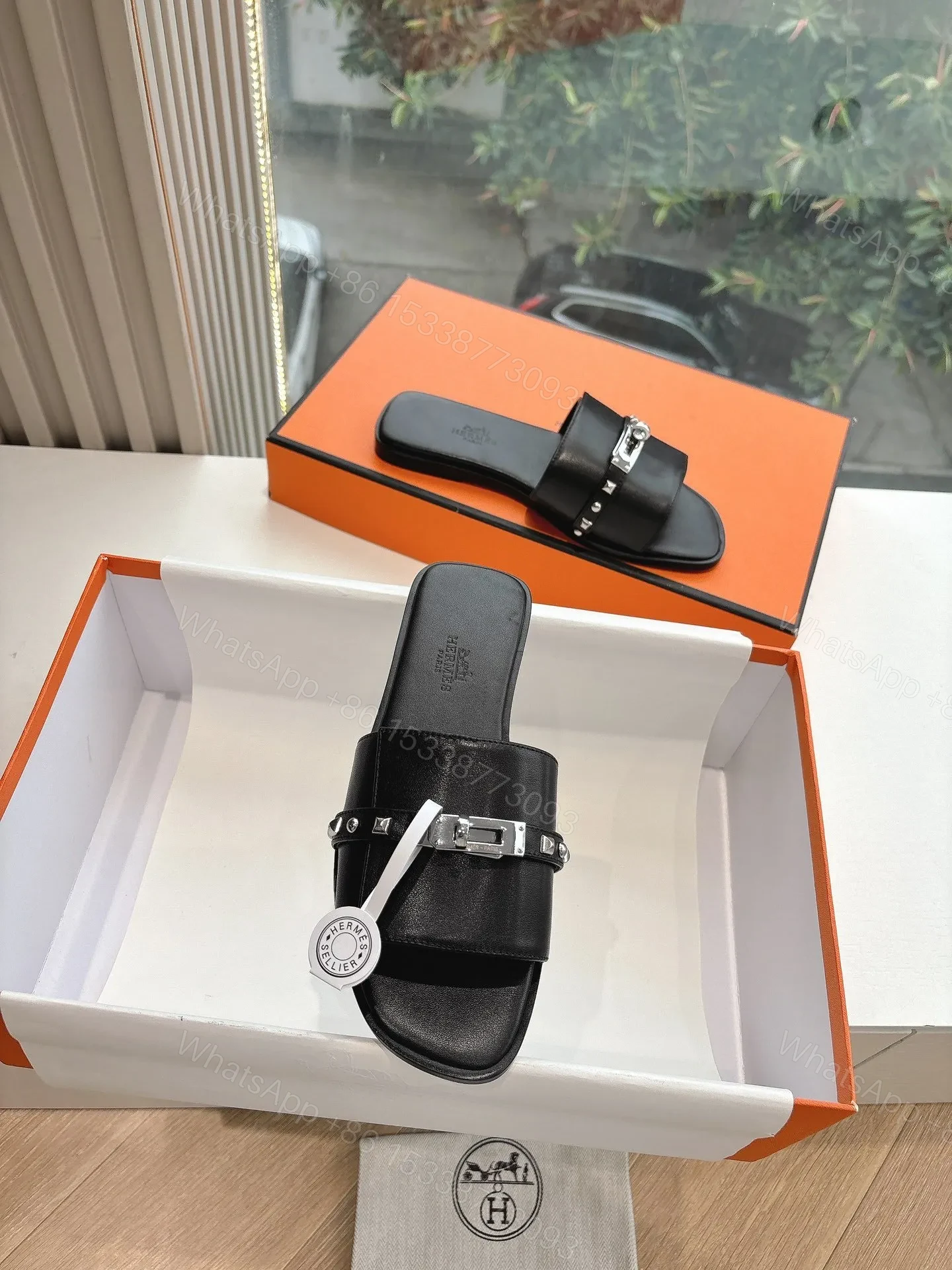 View 4 of Hermes Women Black Leather Slide Sandals