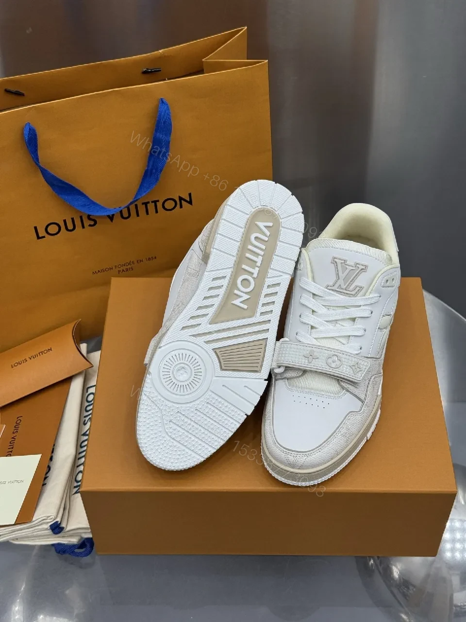 View 2 of White Leather-Texture High-Top Sneakers with Velcro
