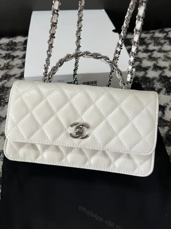 View 6 of Chanel-Inspired Quilted White Flap Crossbody Bag with Silver Chain