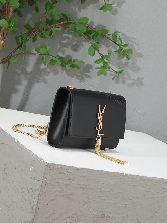 View 2 of Chic Black Leather Flap Bag: Gold-YSL Monogram, Versatile Luxury