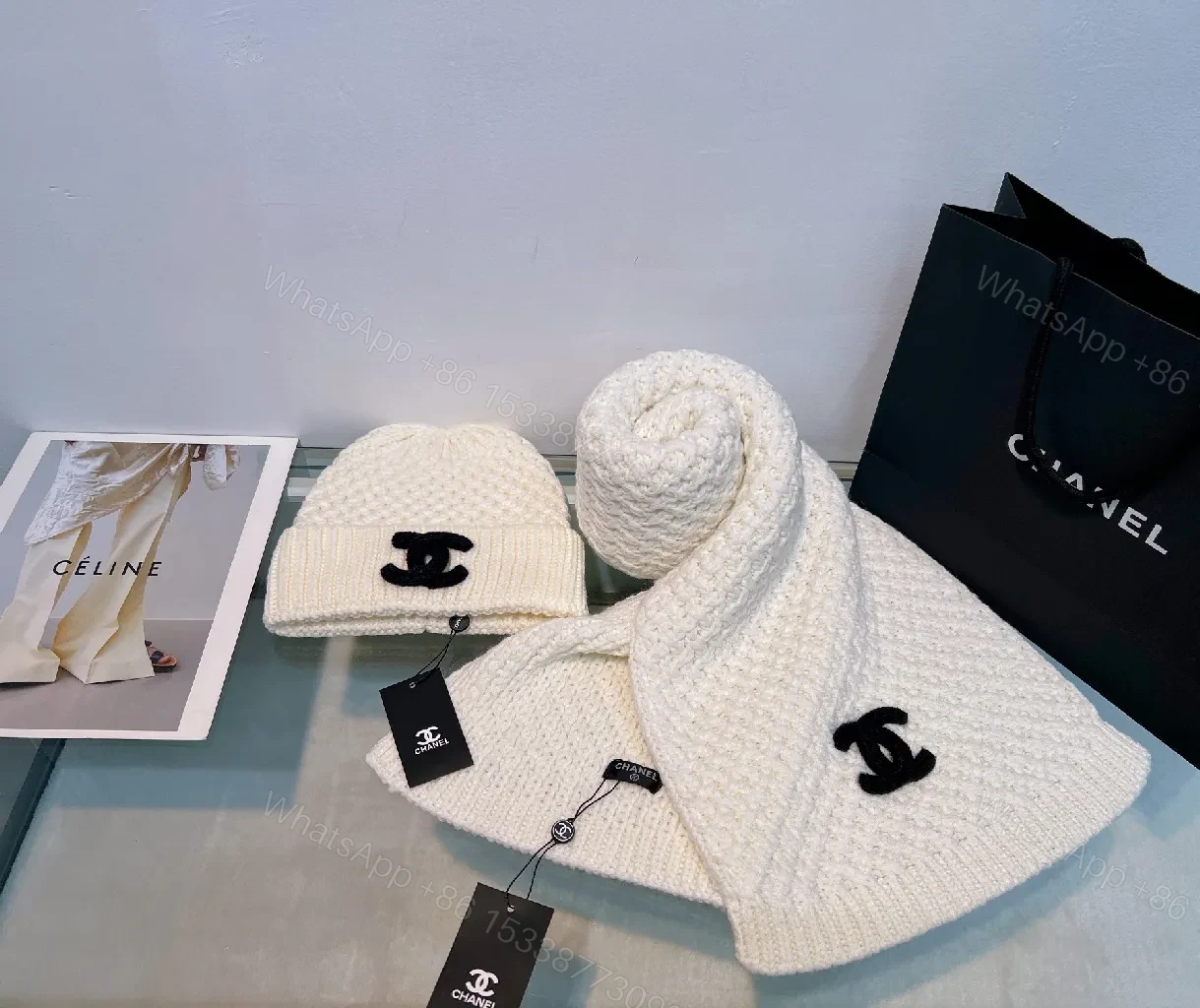 View 8 of Black Ivory Knit Set: Luxe Scarf & Beanie with Logo Clasp