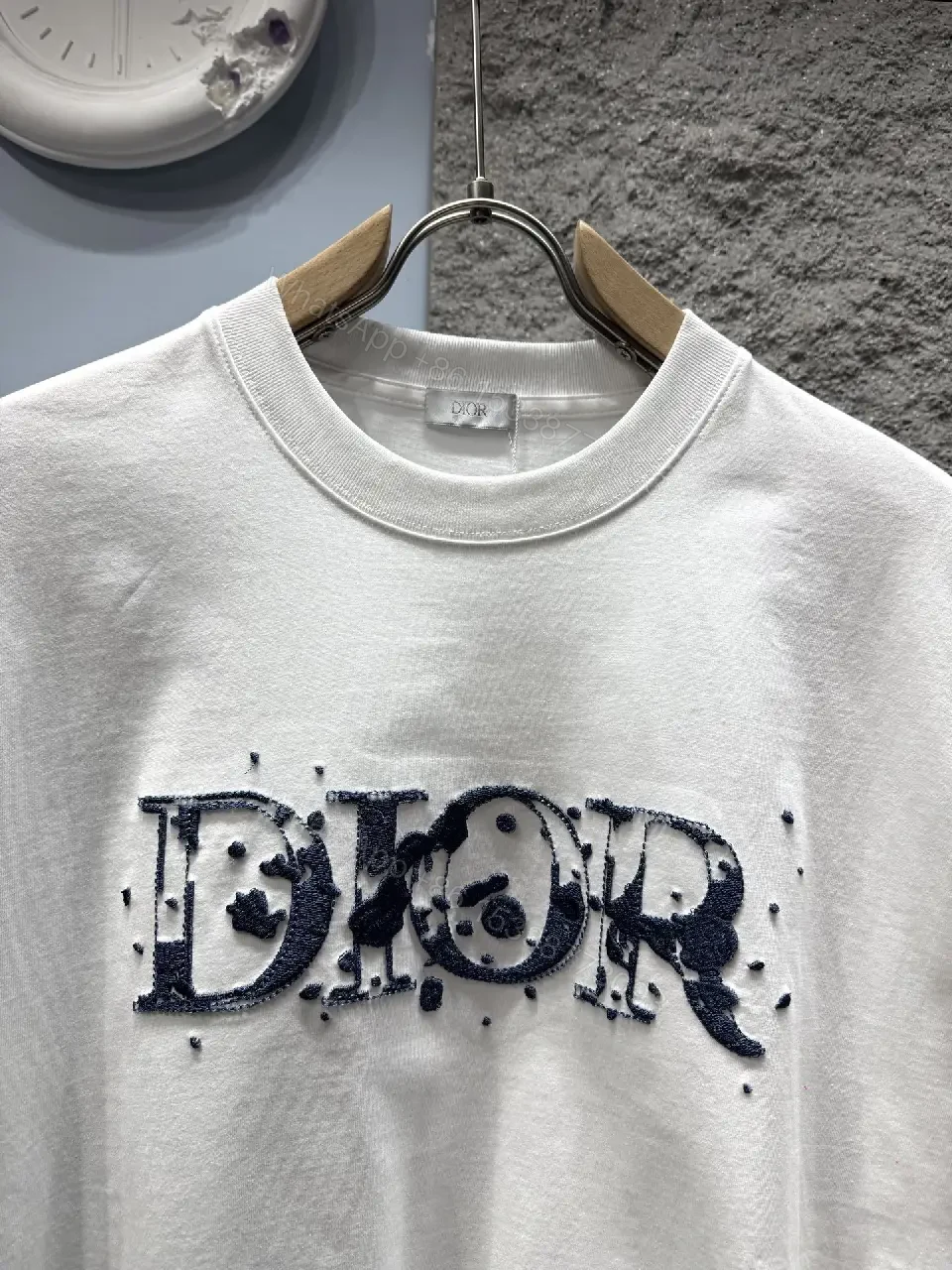 View 4 of White Cotton Tee with Distressed DIOR-Inspired Logo (Casual Luxe)