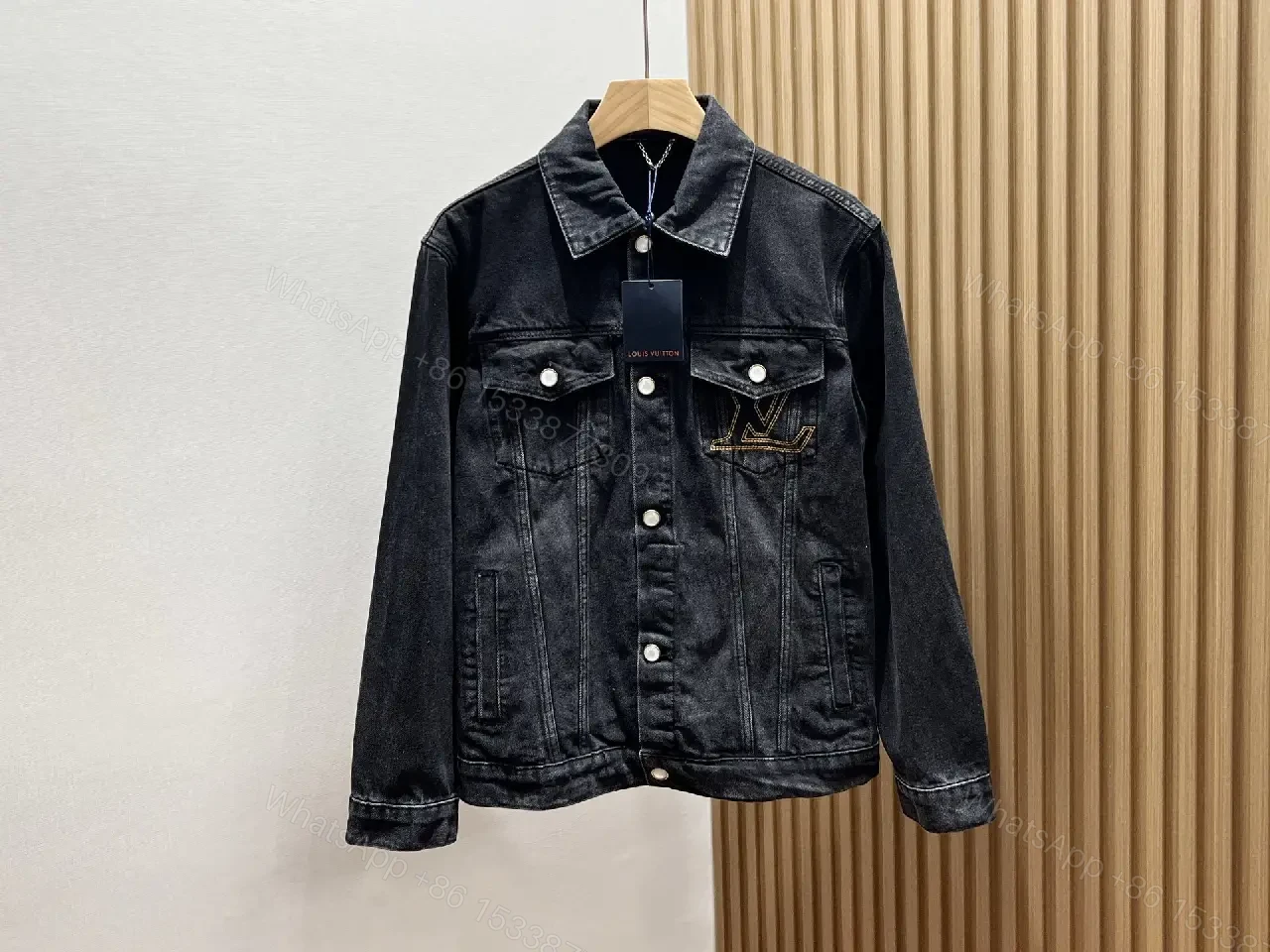 Oversized Black Denim Jacket with Gold Monogram Embroidery — view 1