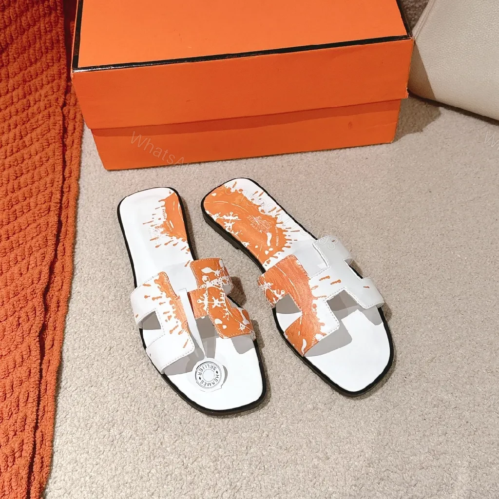 View 4 of Bold Orange-Accent White Leather Slides, Comfort-Chic Street Style