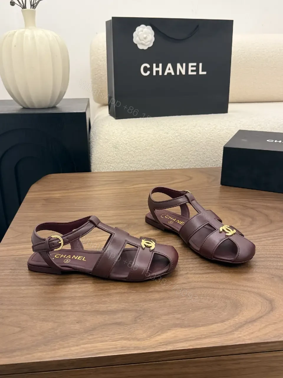 View 4 of Burgundy Leather Gladiator Sandals Gold Logo Chanel Style Sandals