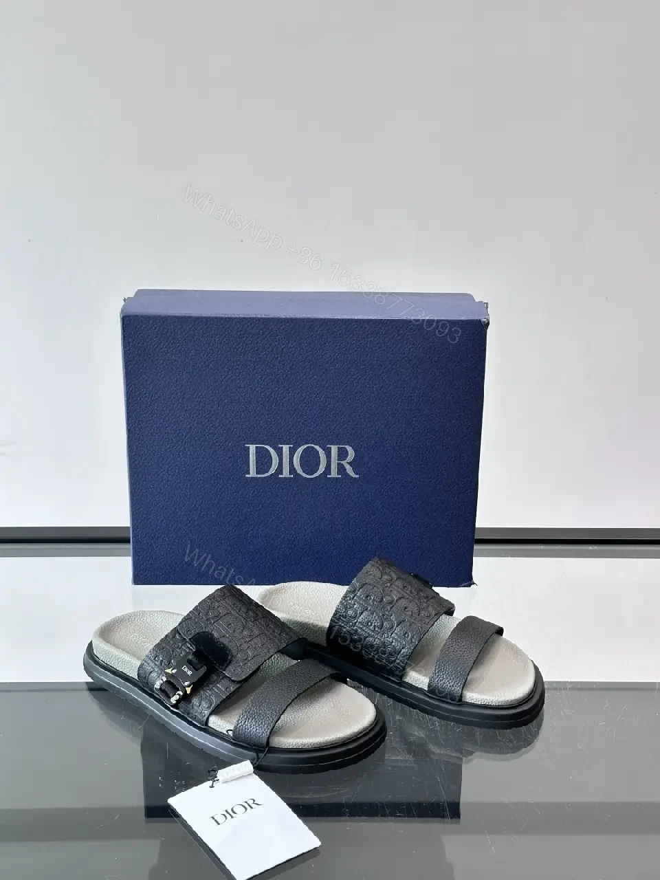 View 6 of Black Leather Dior Sandals with Buckle Feature Sliders