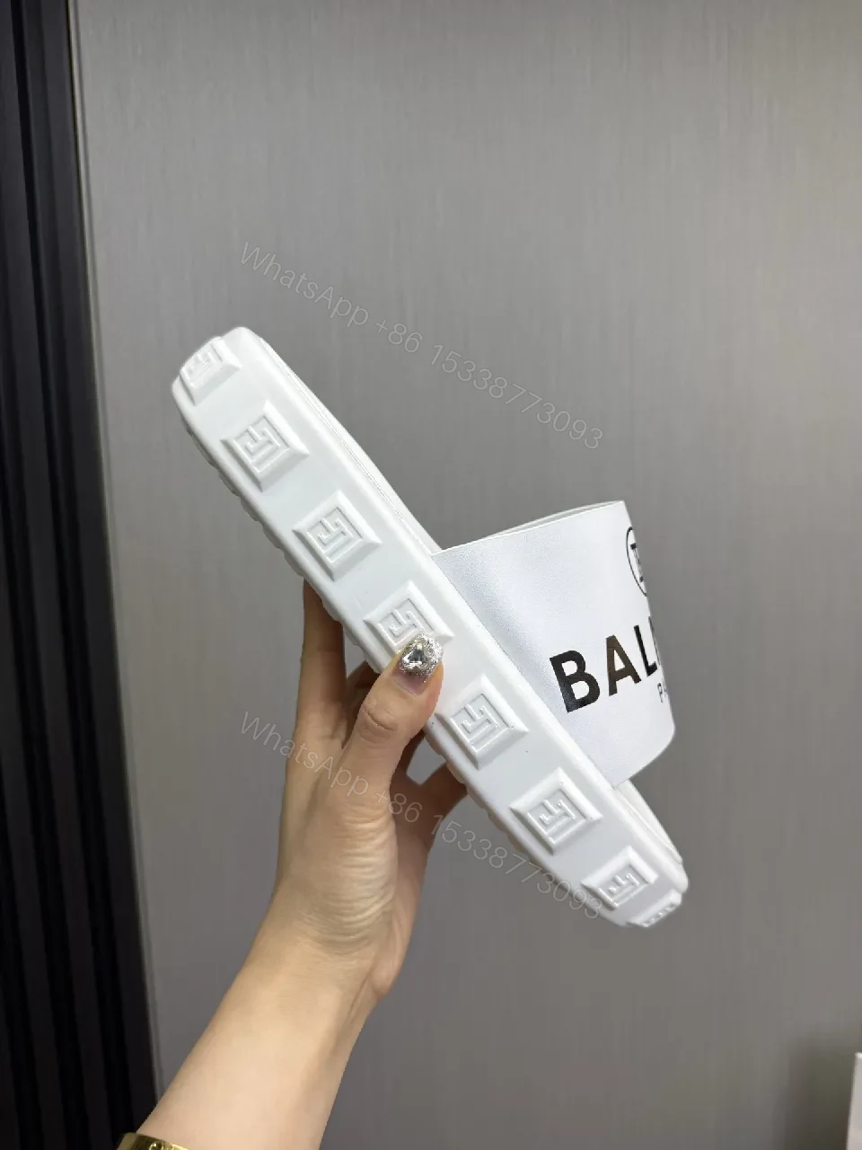 View 6 of White Slip-On with Bold Logo Band, Minimalist Comfort Slide