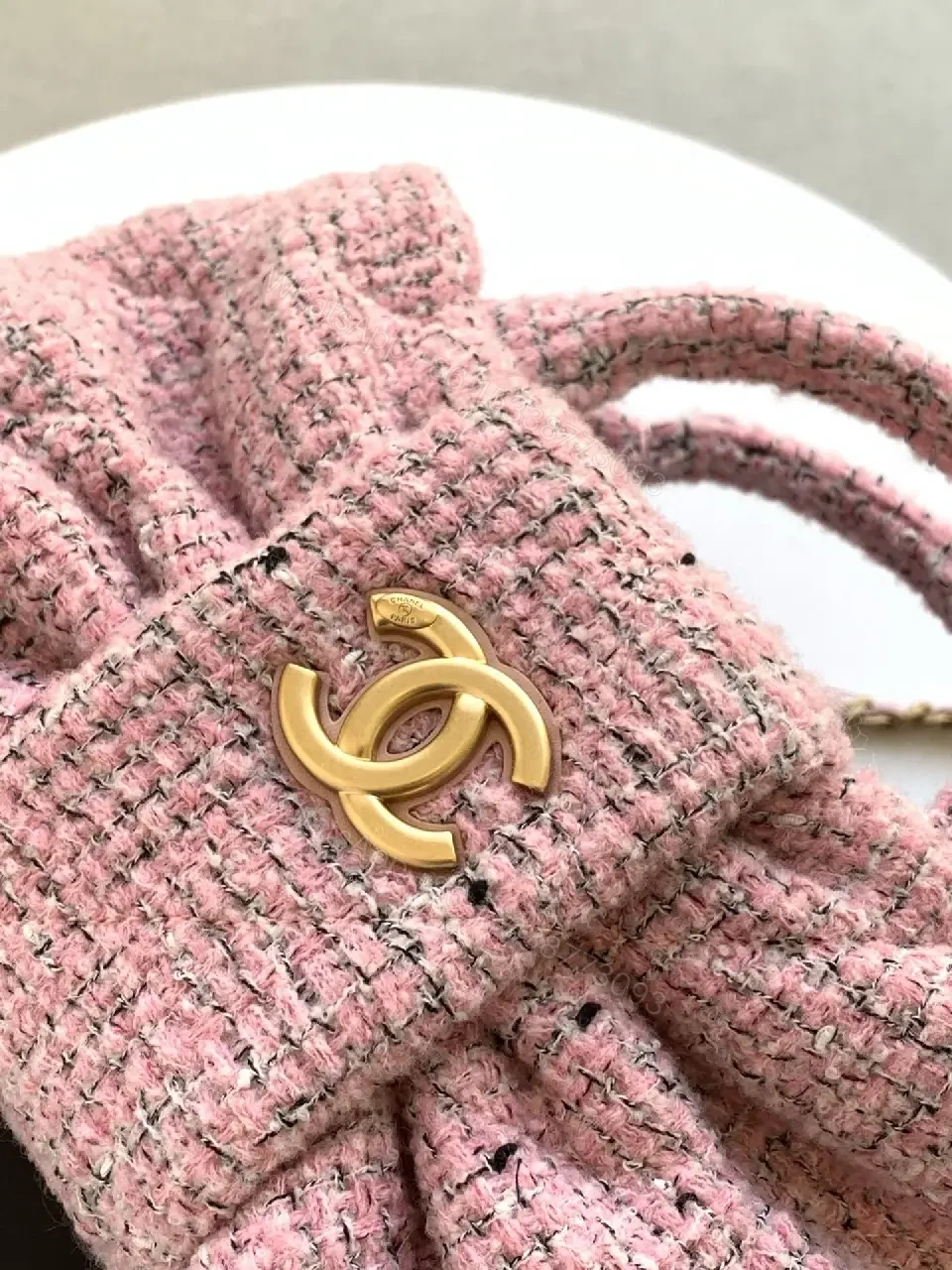 View 2 of Pink Tweed Bow Satchel, Gold Logo Clasp, Designer-Inspired Style
