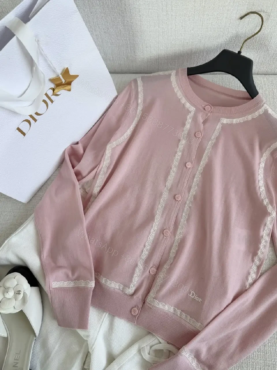 View 3 of Soft Pink Lace Trim Cardigan Knit with Embossed Eyelets (Dior-inspired)