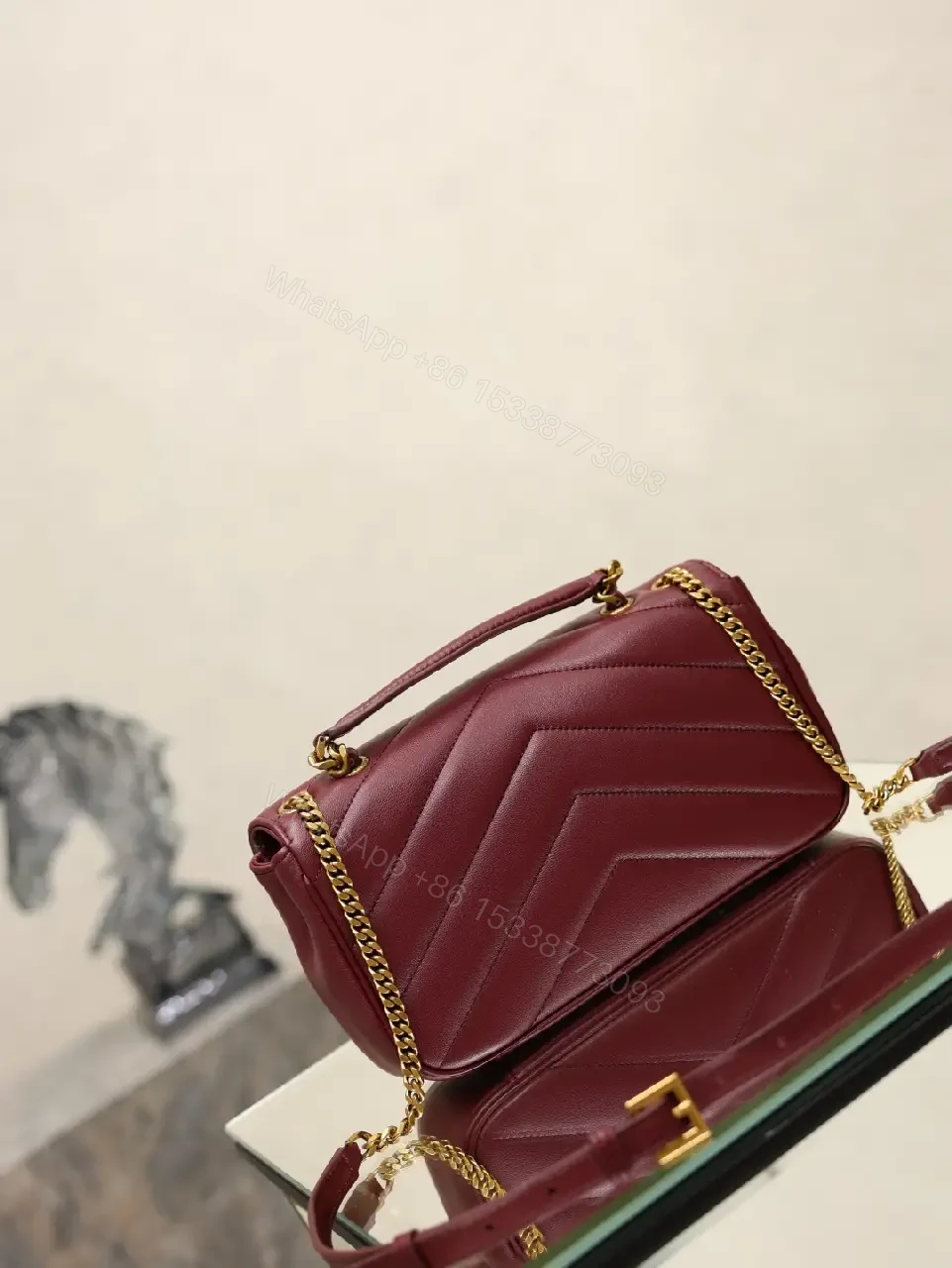 View 2 of Burgundy Leather Quilted Flap Bag with Gold YSL Clasp