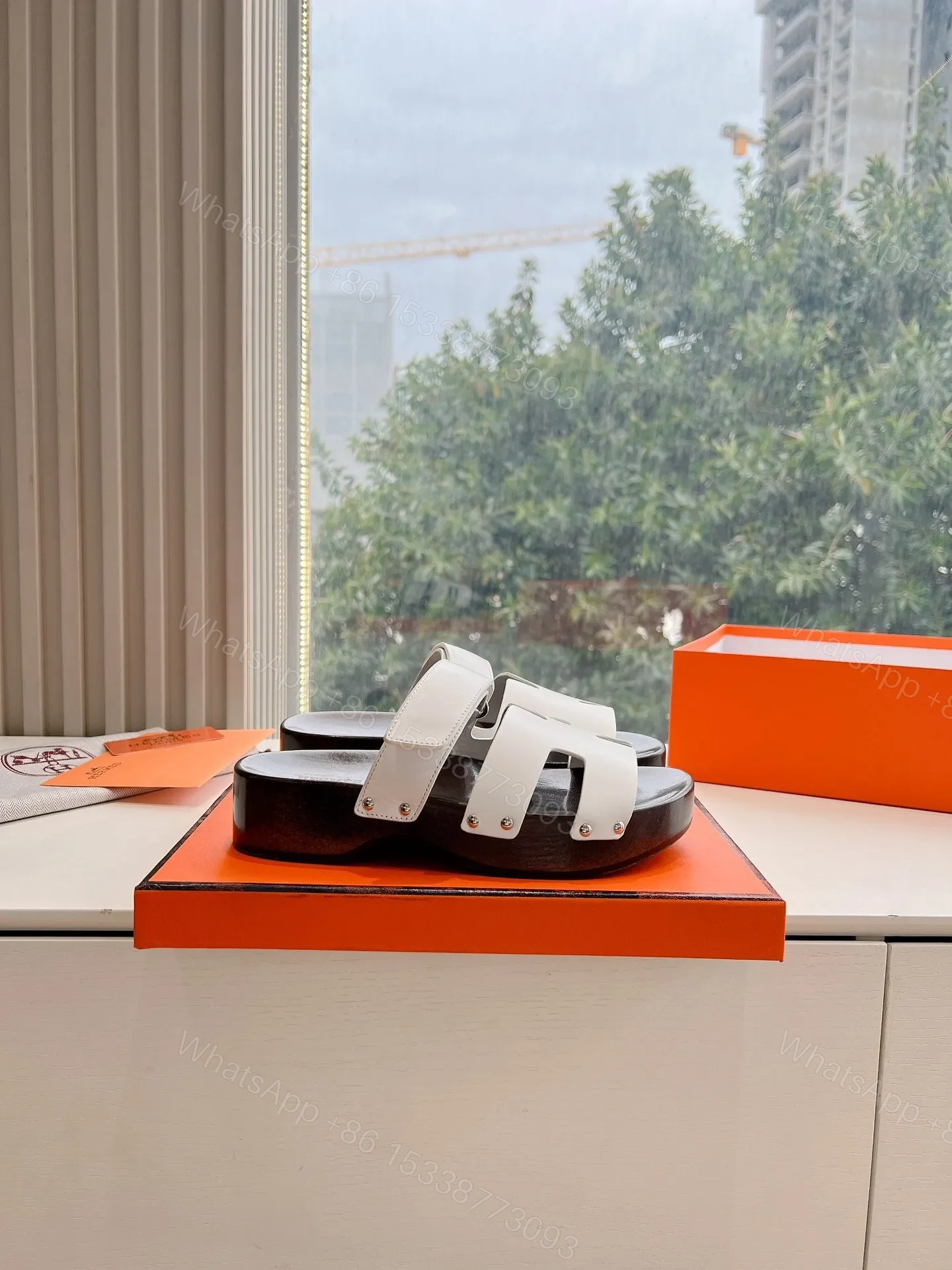 View 2 of Hermes Women White Leather Wood Insole Sandals
