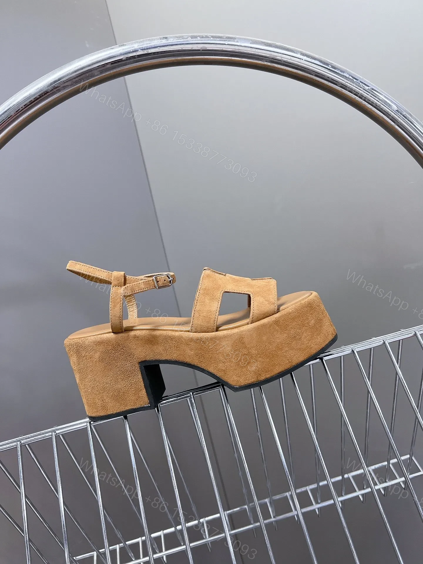 View 6 of Hermes Women Tan Suede Platform Sandals