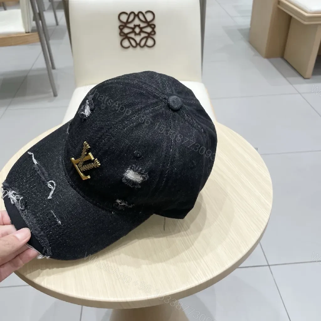 View 5 of Distressed Denim Cap / Gold Emblem / Casual Luxury / Subtle Statement / Cap