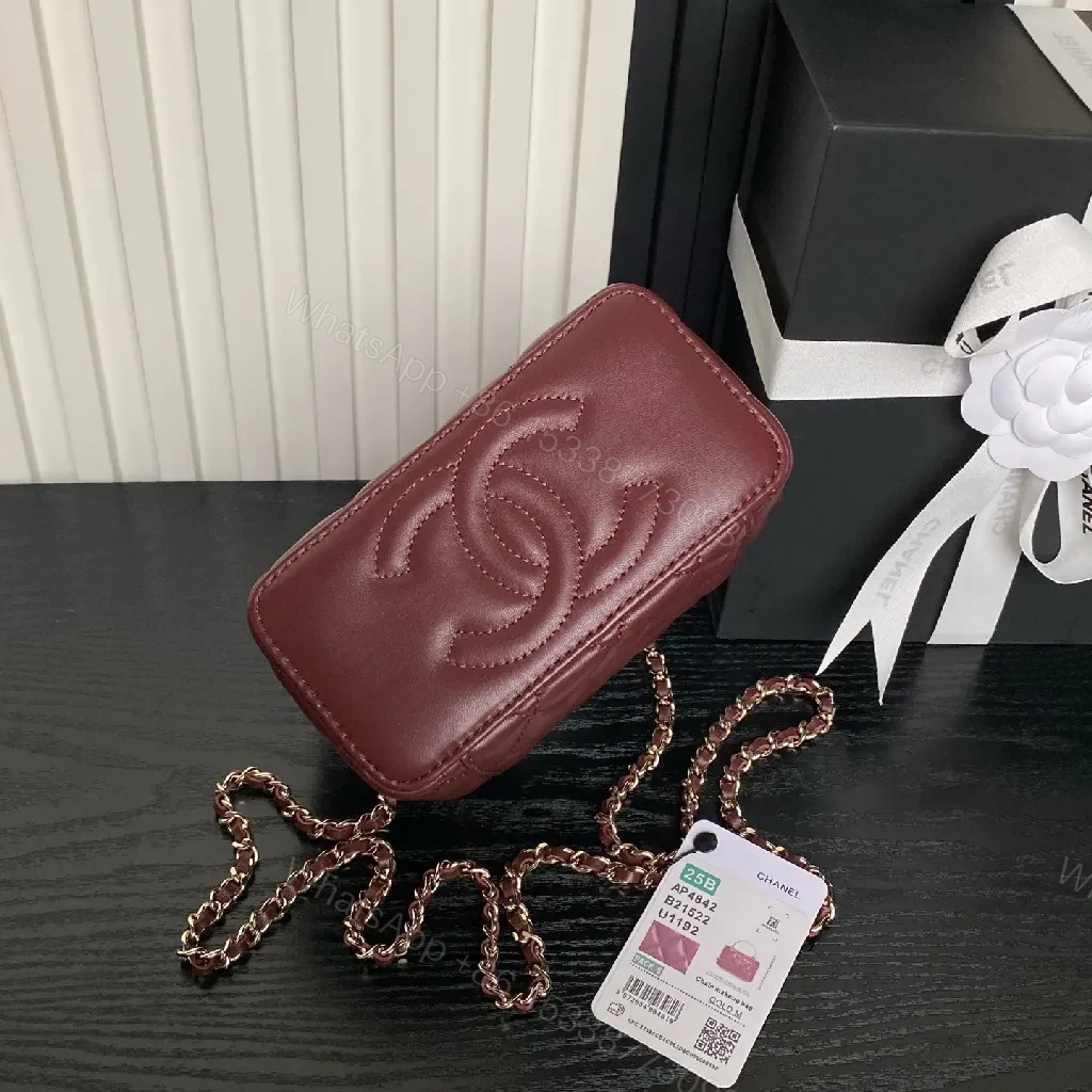 View 8 of Quilted Burgundy Leather Mini Bag - Chain Strap, Gold Hardware