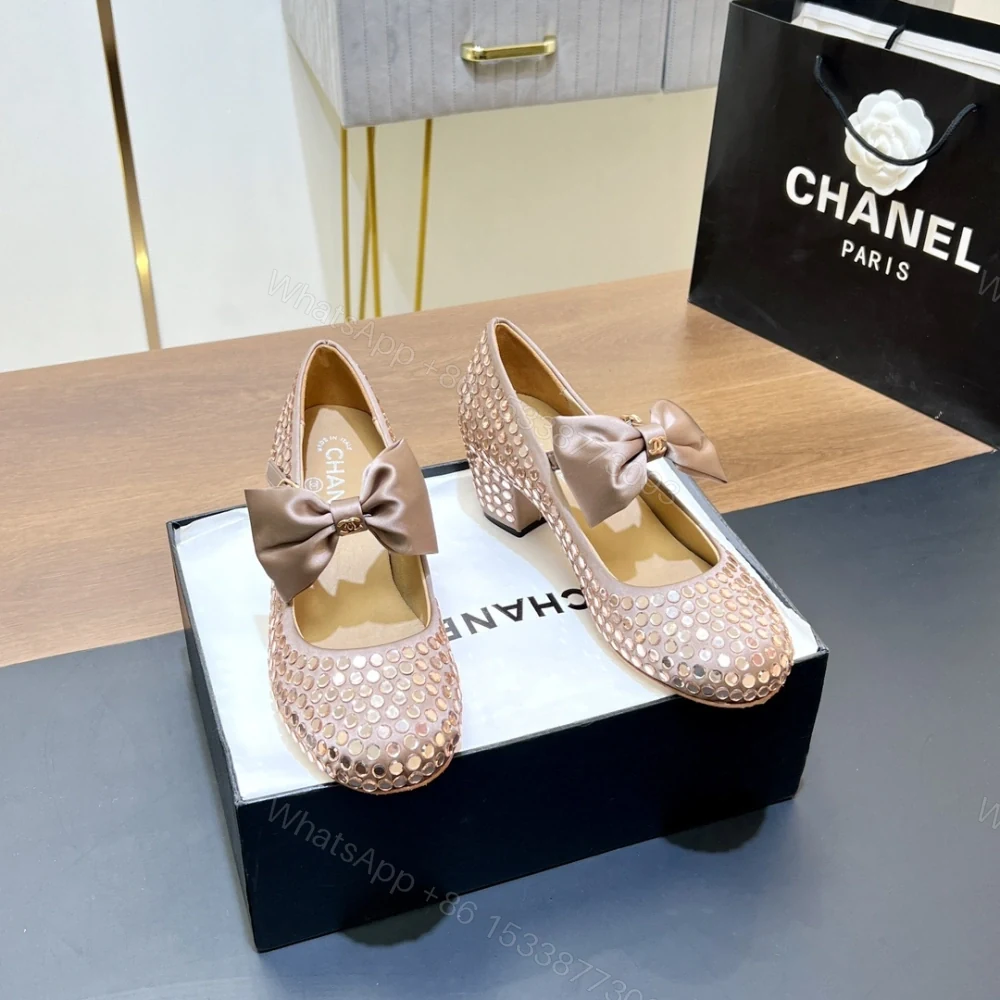 高仿Chanel*G45749C緞子水鑽圓頭單鞋粉色4.5CM免檢版 — view 1