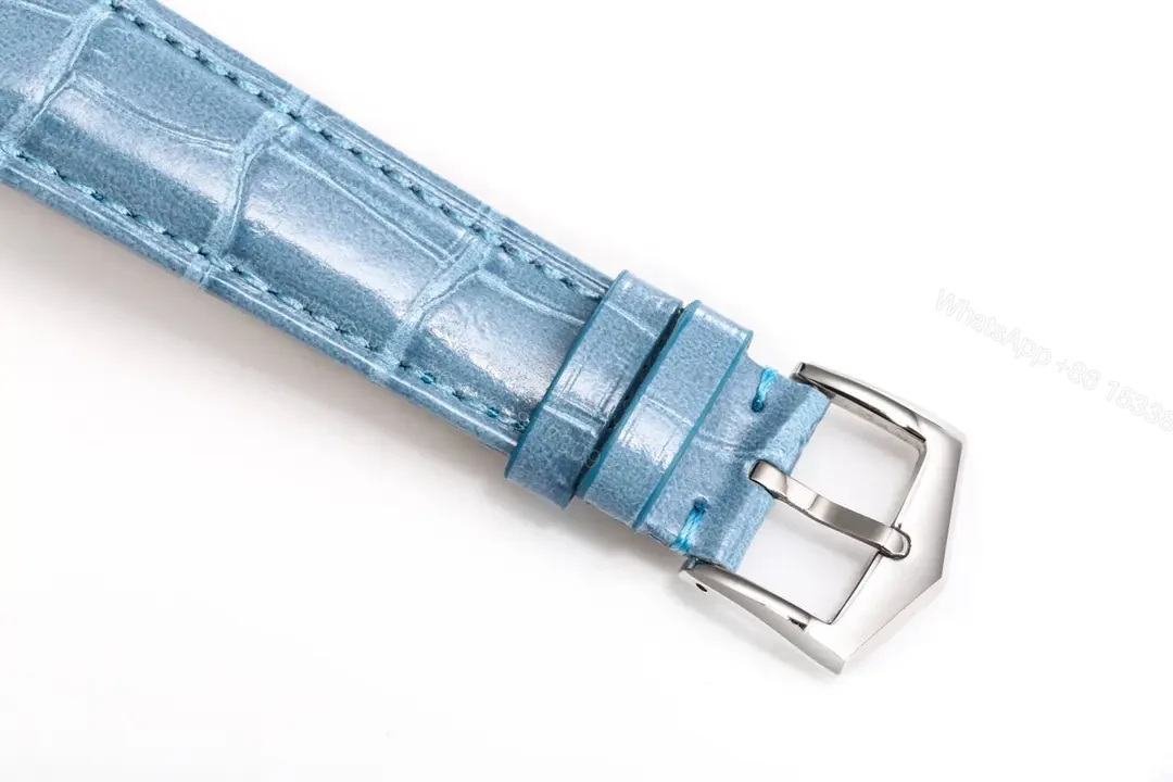 View 8 of Patek Philippe Complications Collection Annual Calendar Moon Phase Women’s Watch in Blue with Diamond Set Case 38mm Italian Leather Strap
