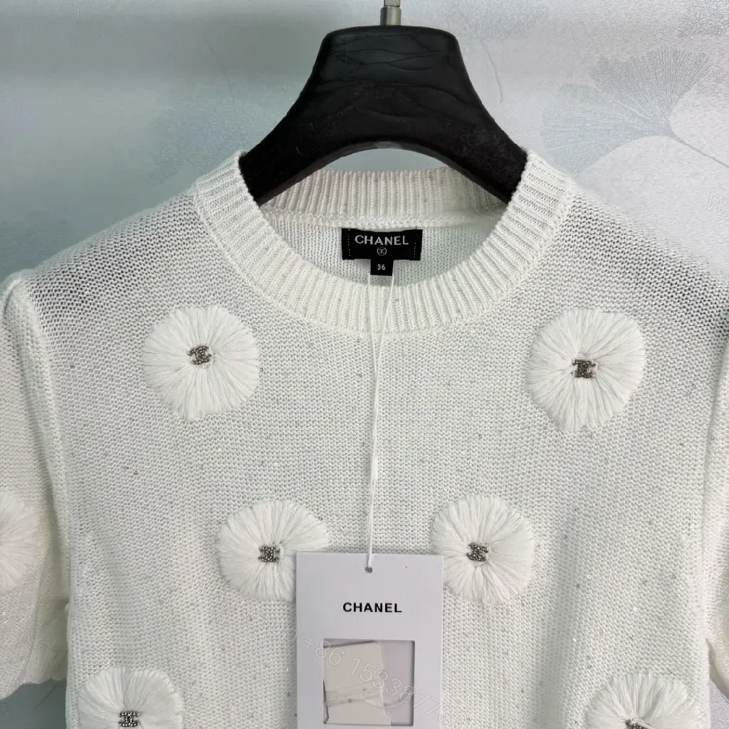 View 3 of White Knit Polo Top with Daisy Floral Embellishments, Pullover
