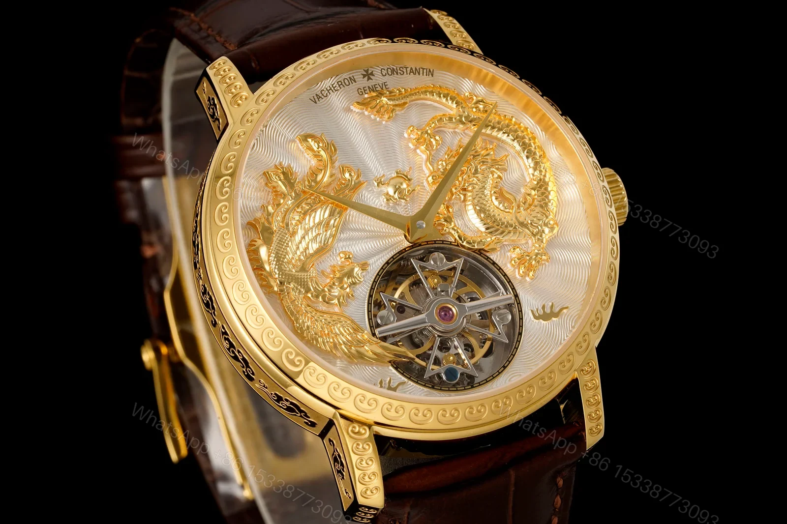 View 3 of Vacheron Constantin Dragon Replica 41MM Premium Gold Case Brown Leather Strap Tourbillon Edition RG-VC-DRAGON-GOLD-41