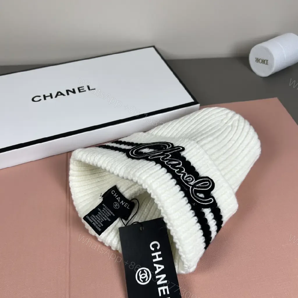 View 7 of Tan Knit Beanie Ribbed Knit Folded Cuff CHANEL Logo Embroidery Beanie