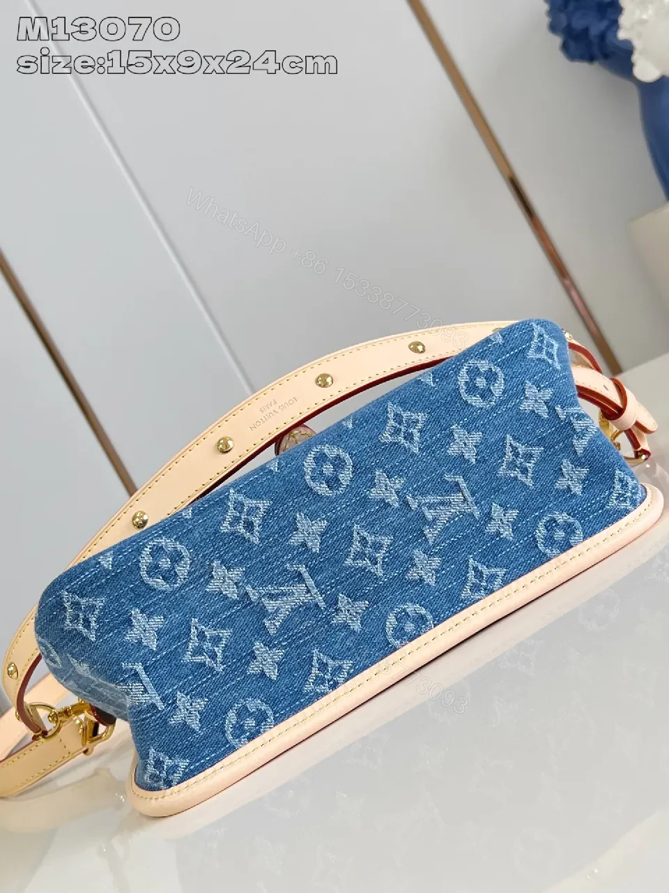 View 3 of Denim Crossbody Monogram Leather Trim Bag, Compact Style
