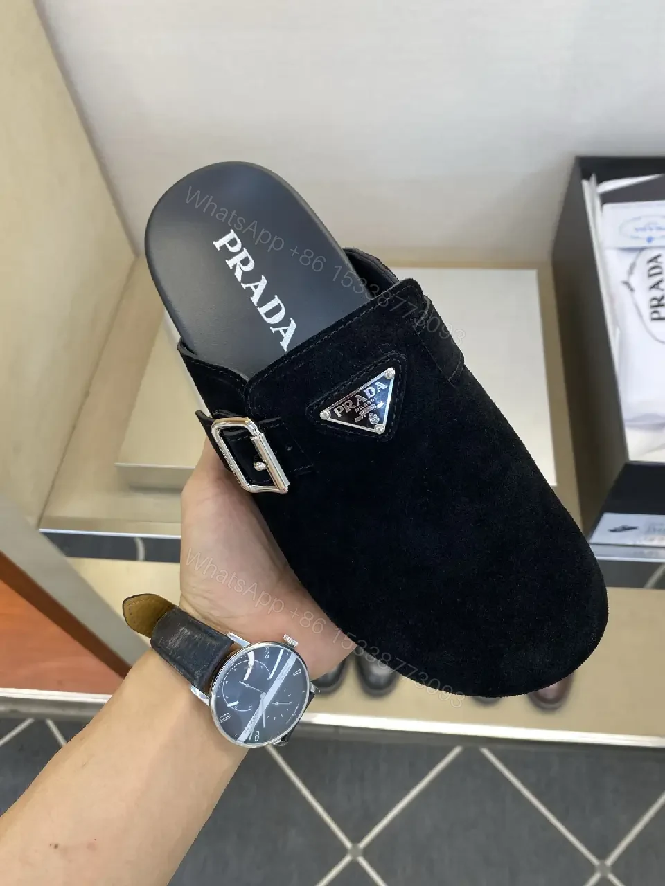 View 10 of Black Suede Prada Mule Slippers with Silver Buckle