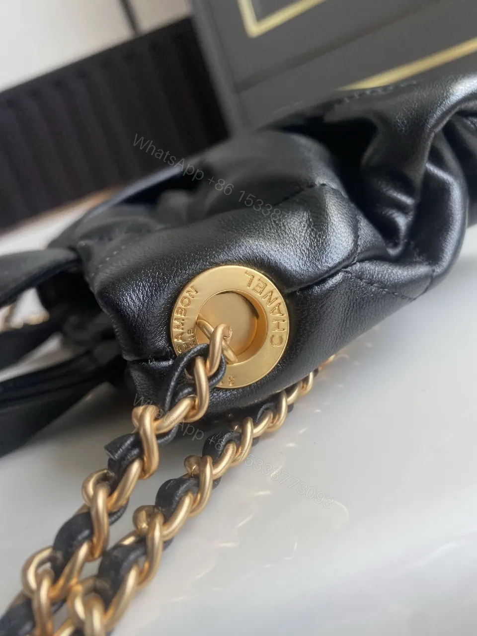 View 3 of Quilted Mini Bag: Black, Satin-like, Chic, Gold Hardware, Clutch