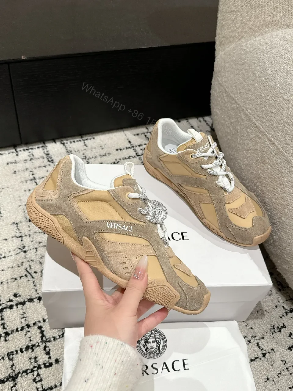 View 5 of Beige Suede-Mesh Low-Top Luxury Sneakers with Sculpted Details