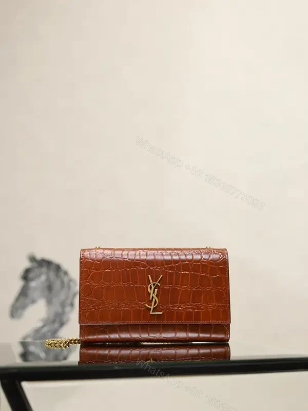 Brown Crocodile-Embossed Leather Clutch with Gold Logo Clasp — view 1