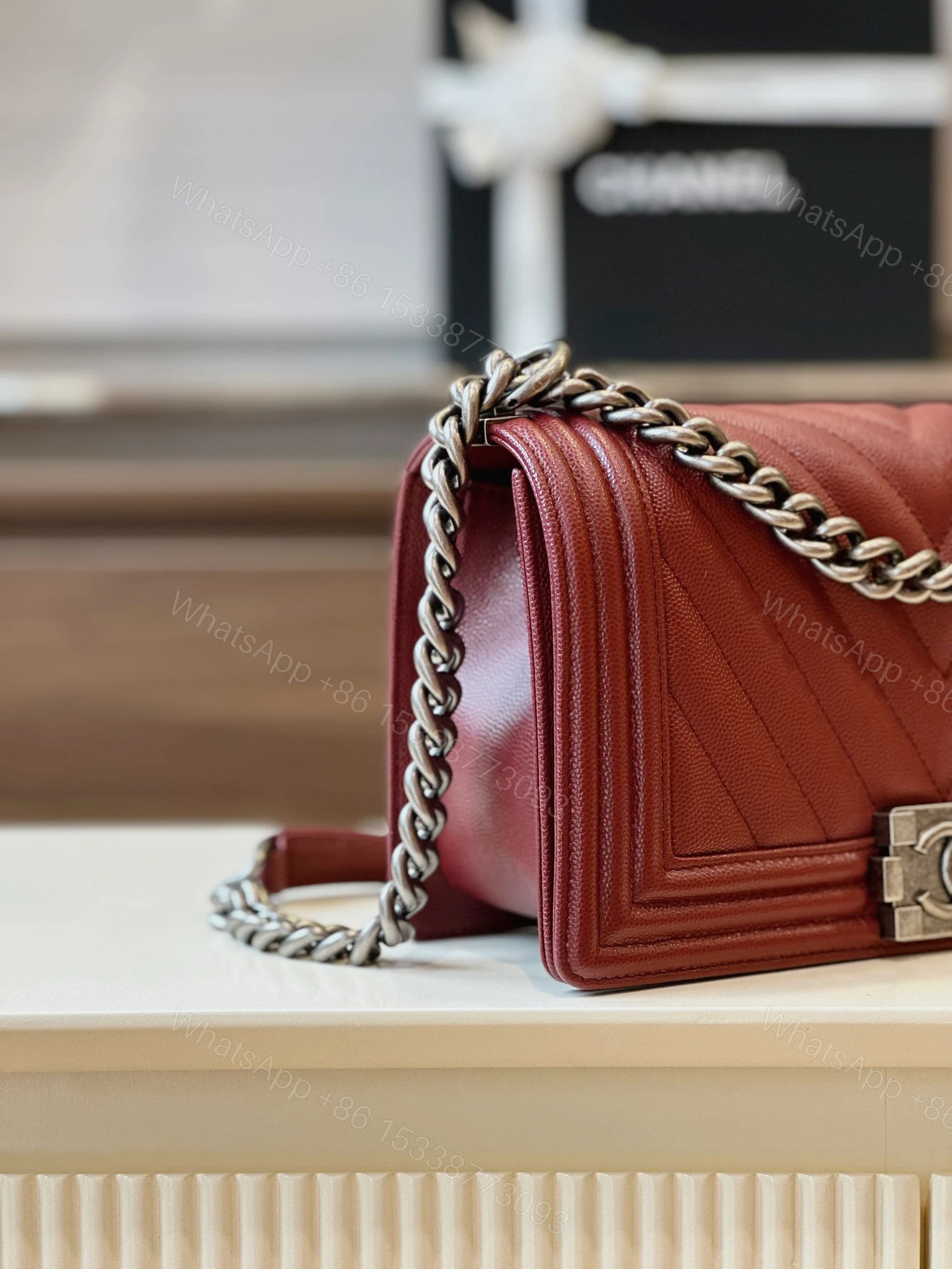 View 2 of Chanel Boy Medium Handbag Woman’s V-Pattern Red Leather 25cm