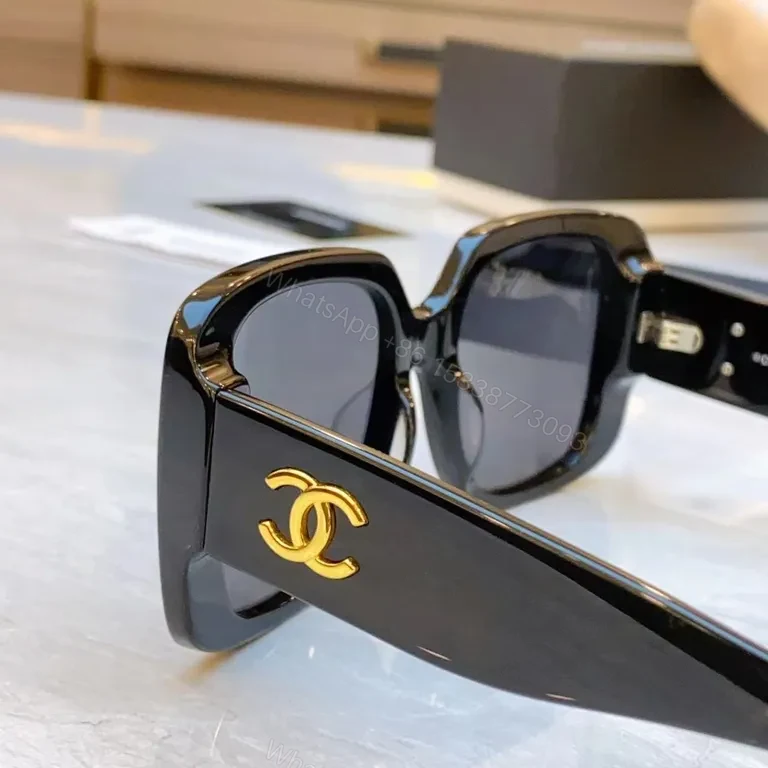 View 8 of Oversized Square Sunglasses - Black Acetate, Gold Logo, UV400 Protection