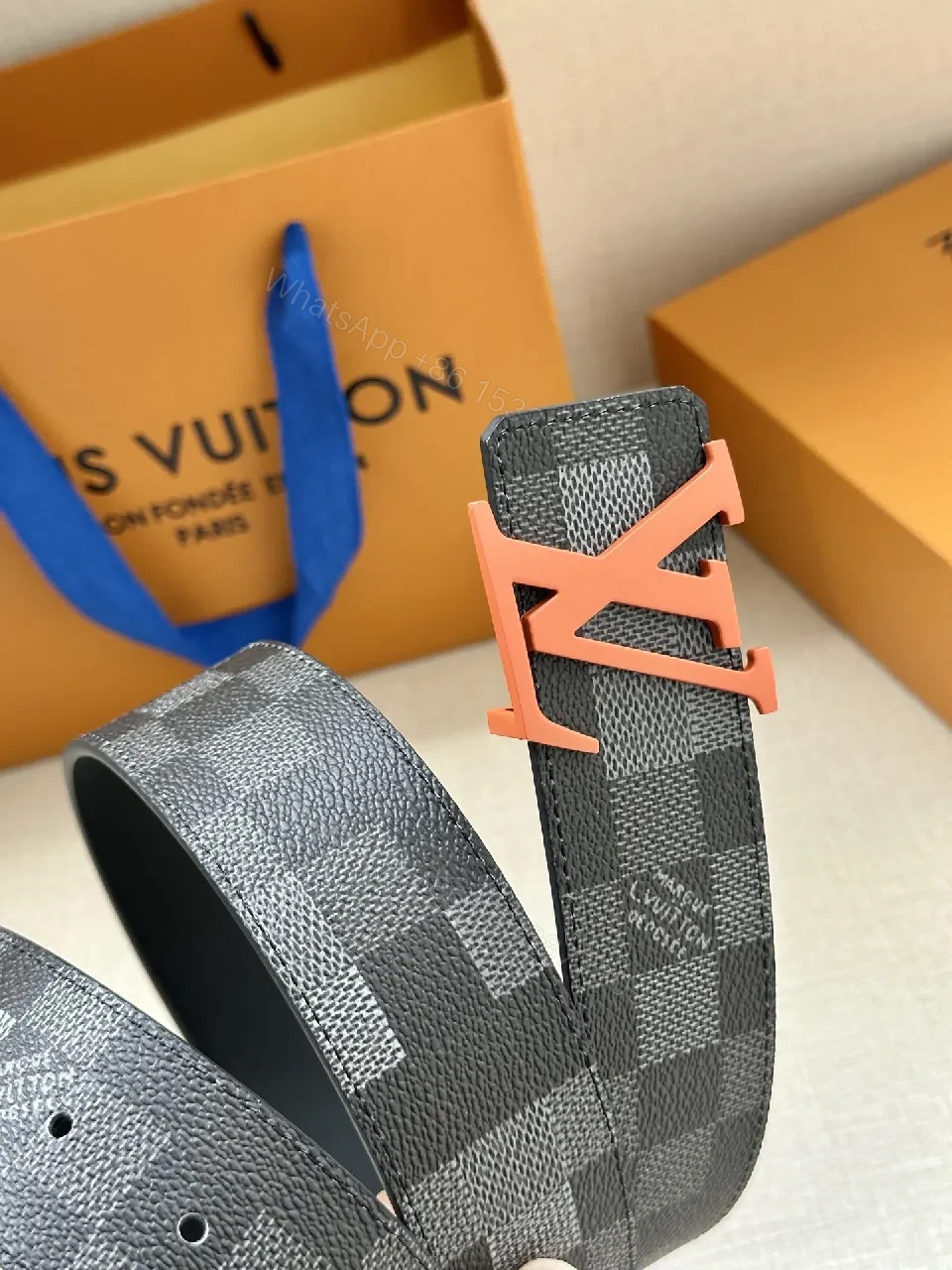 View 5 of Bold Monogram Belt: Coral Buckle, Damier Pattern Leather Belt