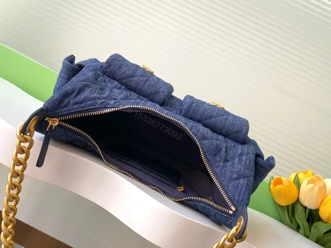 View 5 of Denim Texture Shoulder Bag with Gold Hardware, Luxe Style