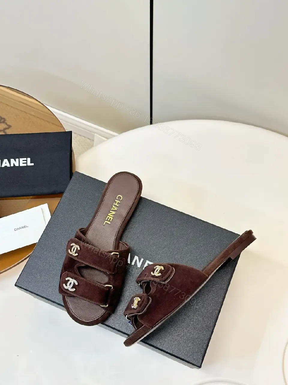 View 9 of Brown Suede Chanel-Inspired Slide Sandals: Comfort Luxury Shoes