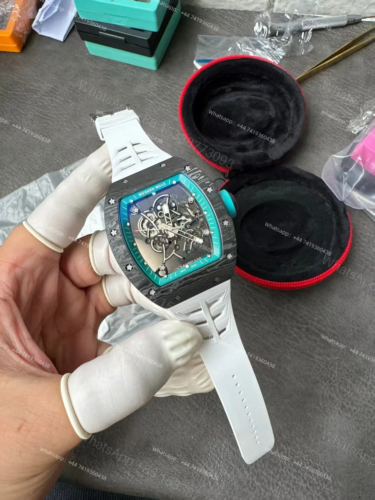 View 7 of Richard Mille RM 055 “Yas Marina Circuit” Carbon TPT Vaucher Free-Sprung White Rubber Strap Custom Super Clone