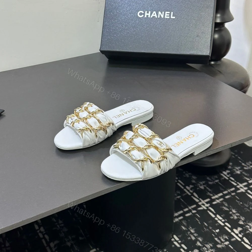 View 2 of Chanel Slide Sandals Gold Chain White