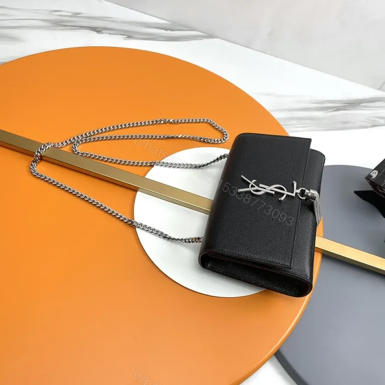 View 6 of Chic Black Pebble Leather Crossbody Clutch with YSL Hardware