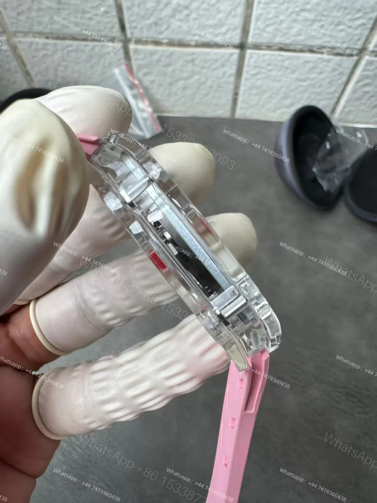 View 13 of Super Clone Richard Mille RM67-02 Sapphire Crystal Skeleton Tourbillon 1:1 Replica Watch with Pink Rubber Strap