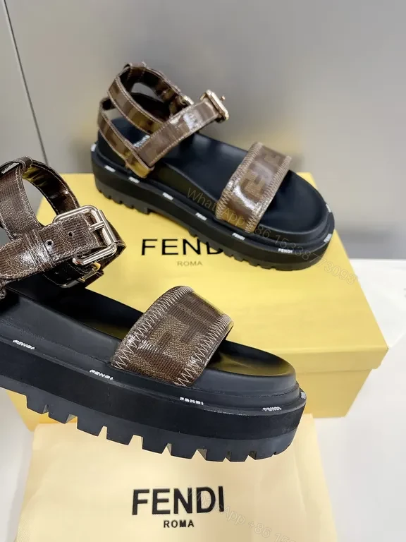 View 4 of Brown Leather Sandals + Fendi Logo Pattern + Slide + Adjustable Buckle + Sandals
