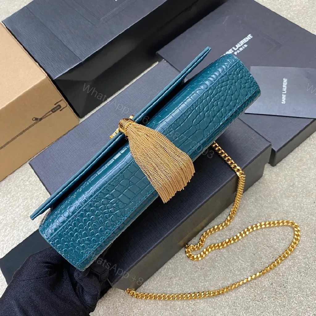 View 5 of Teal Croc-Texture Evening Bag with Gold Monogram Clasp